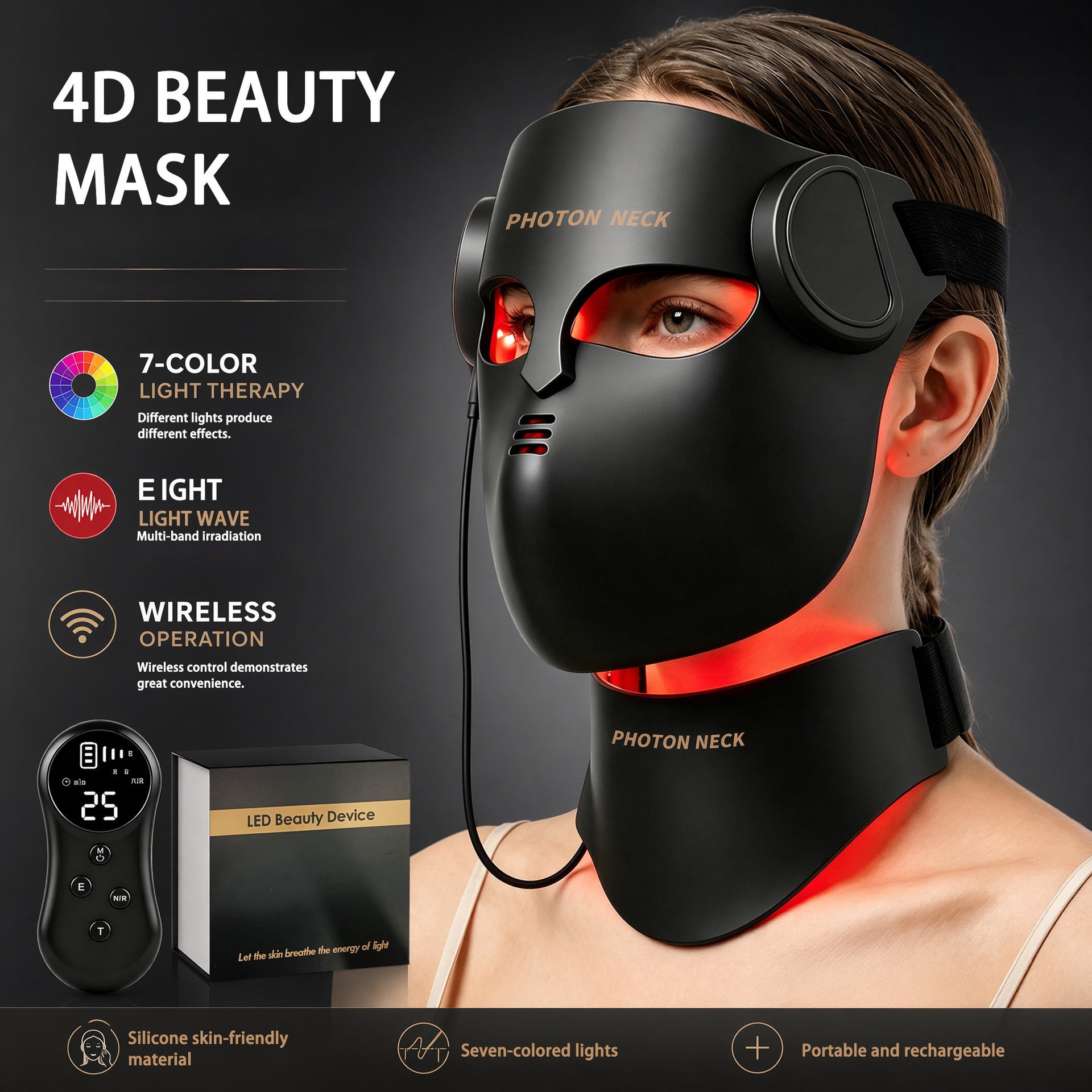 Masque LED Anti-Âge Luxe pour le Visage et le Cou – Technologie 4D Sans Fil