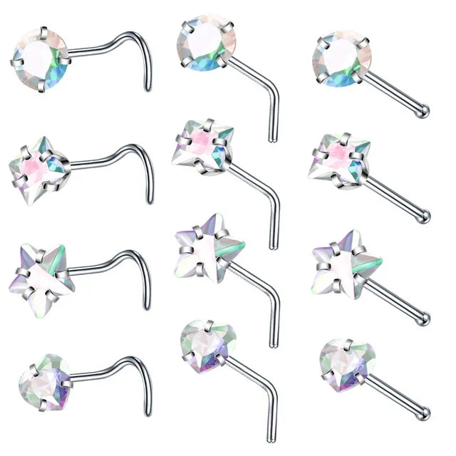 Collection Prestige™ – Lot de 4 Piercings de Nez Cœur, Étoile & Carré