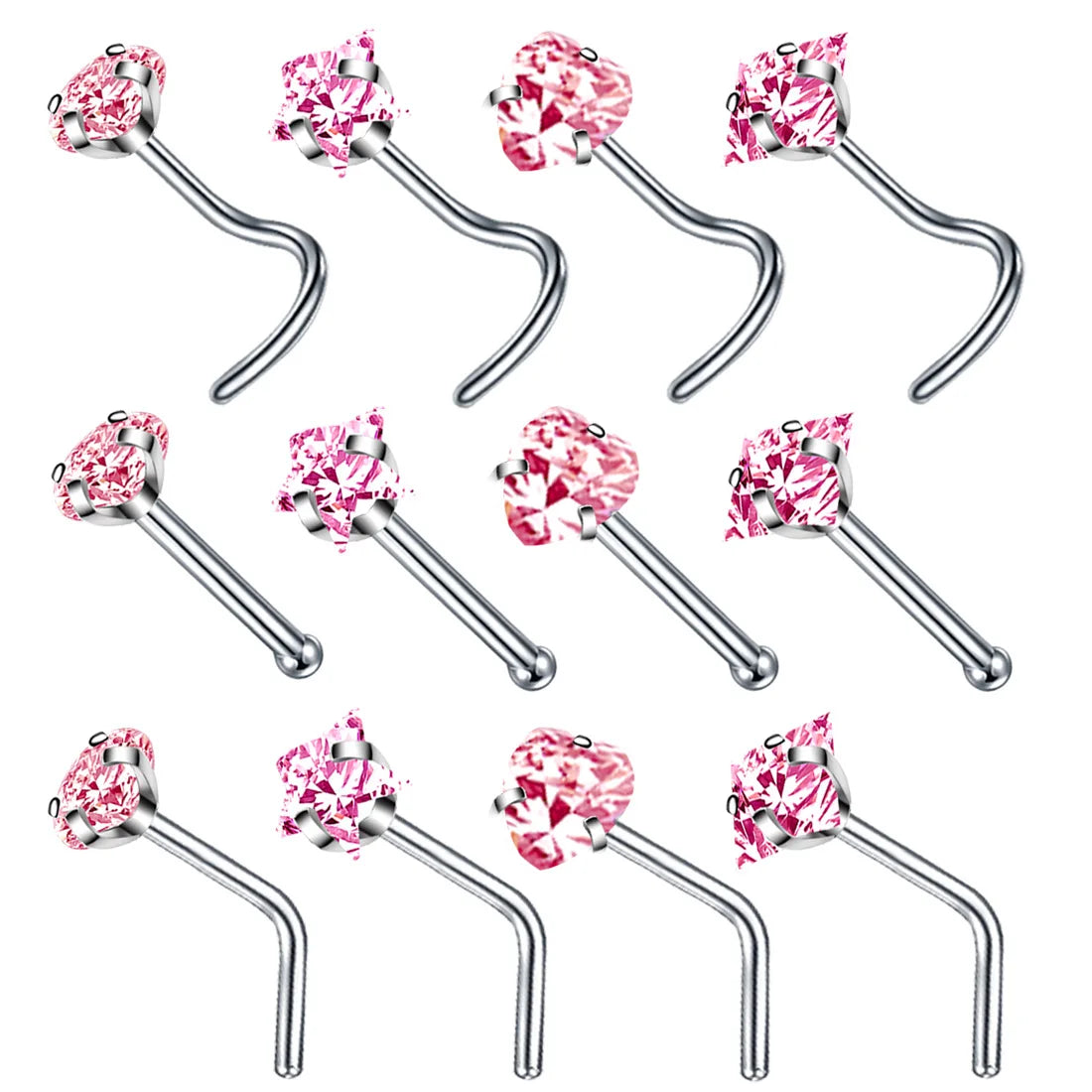 Collection Prestige™ – Lot de 4 Piercings de Nez Cœur, Étoile & Carré