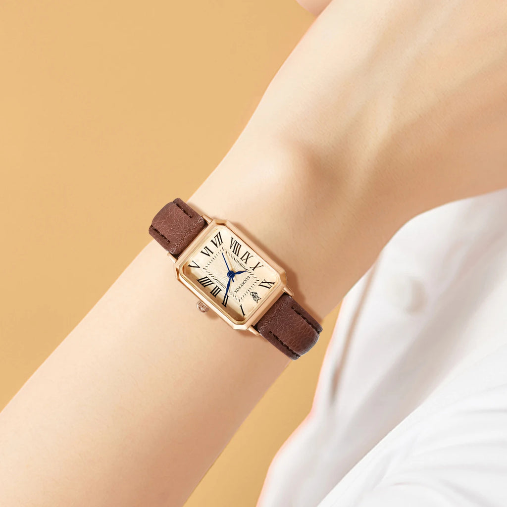 Montre Femme Élégance Absolue – Cadran Doré & Bracelet Cuir Noir