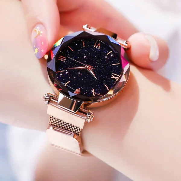 Montre Femme Ciel Étoilé – Bracelet Maille Magnétique & Mouvement Quartz