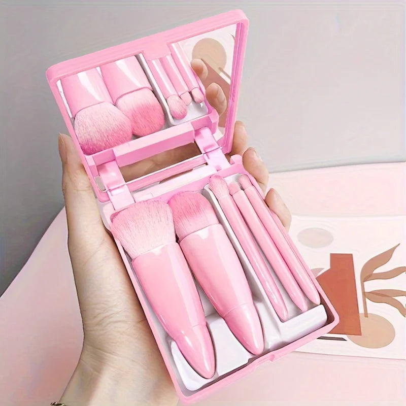 ✨ Coffret Premium de Pinceaux de Maquillage de Voyage – Kit Pliable 5 Pièces avec Miroir Intégré