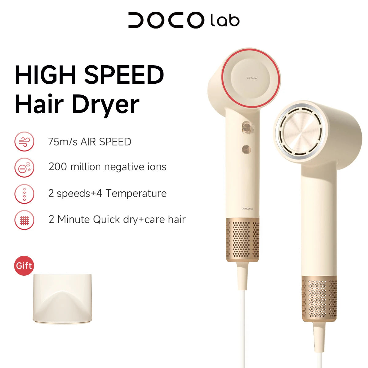 ✨ Sèche-cheveux Professionnel DOCO™ – Haute Vitesse 75 m/s | Séchage Ultra Rapide & Ions Négatifs