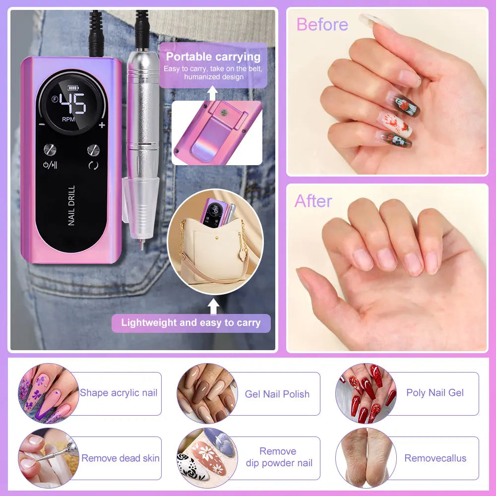 Ponceuse à Ongles Professionnelle 45 000 RPM – Kit Complet Rechargeable Haute Précision avec Écran LCD