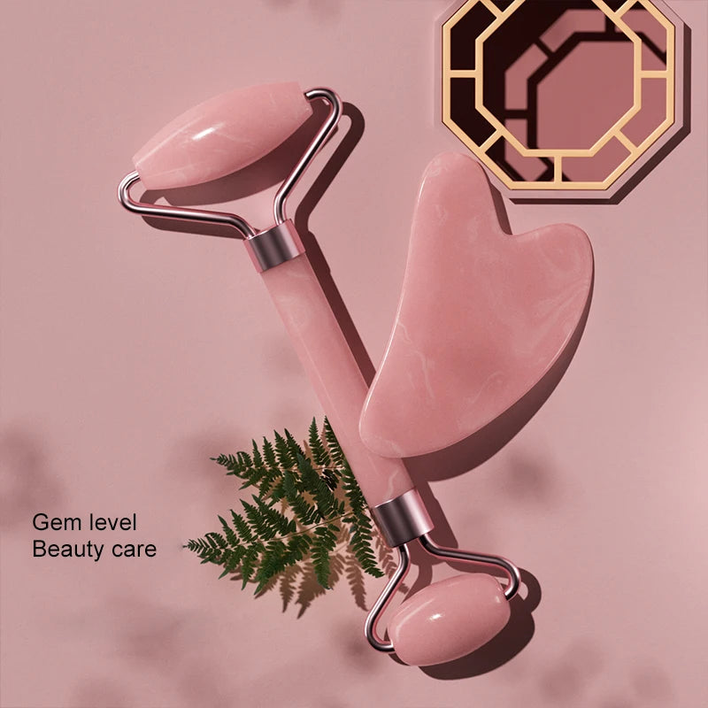 Rouleau de Massage Visage en Quartz Rose avec Pierre Gua Sha