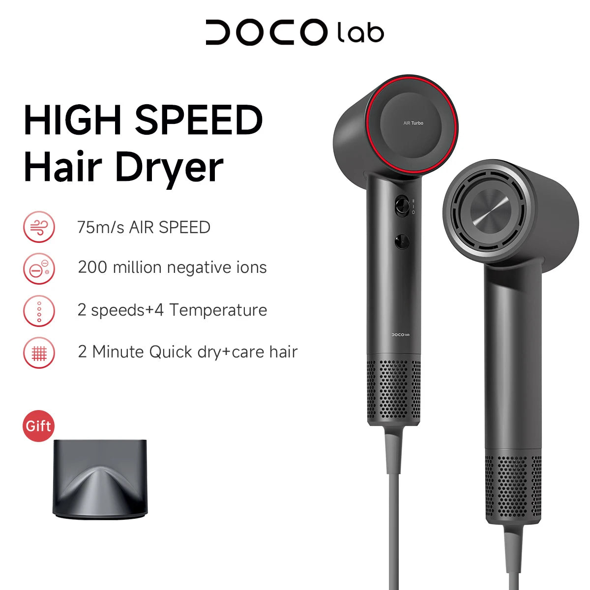 ✨ Sèche-cheveux Professionnel DOCO™ – Haute Vitesse 75 m/s | Séchage Ultra Rapide & Ions Négatifs