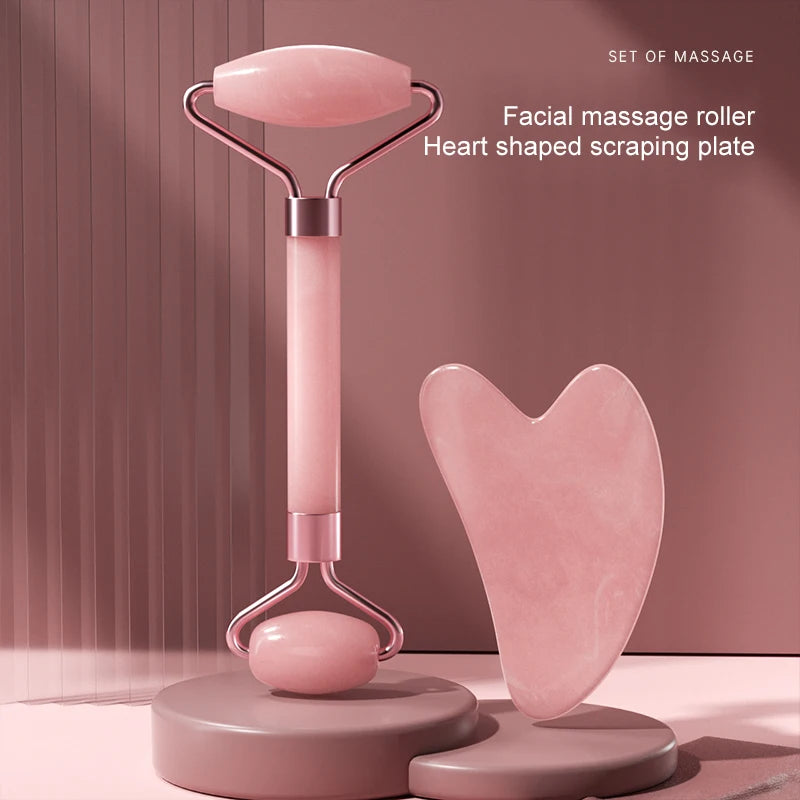 Rouleau de Massage Visage en Quartz Rose avec Pierre Gua Sha