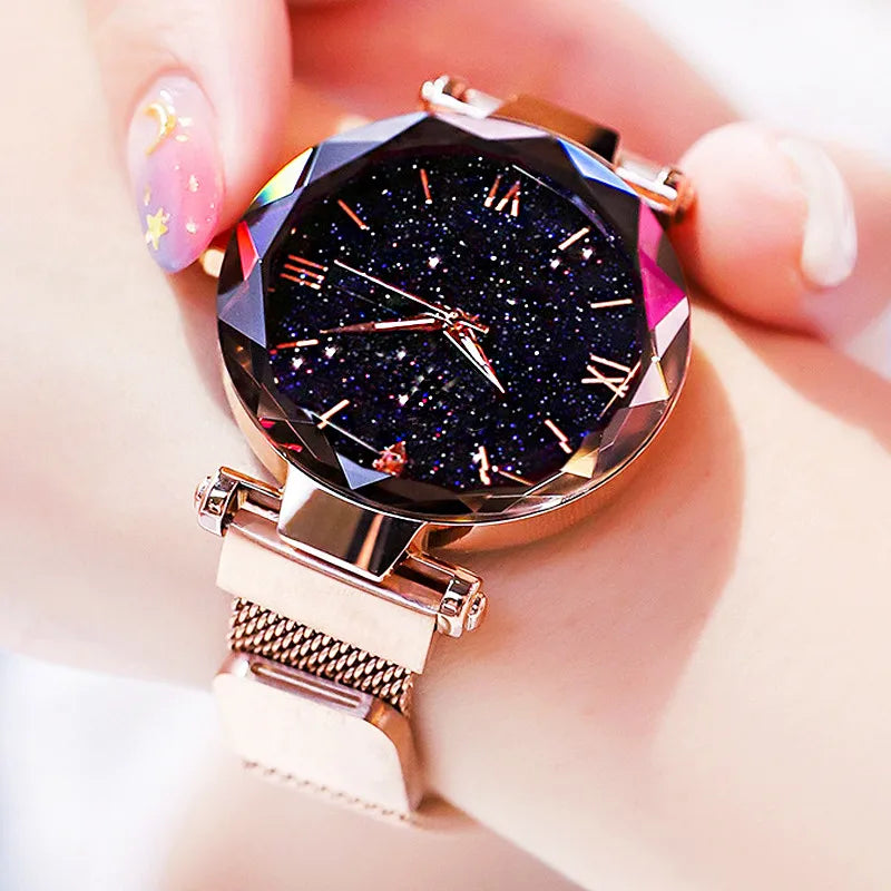 Montre Femme Ciel Étoilé – Bracelet Maille Magnétique & Mouvement Quartz