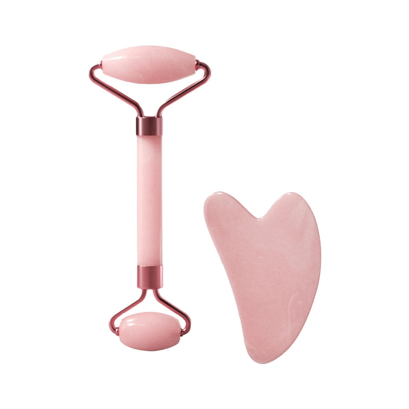 Rouleau de Massage Visage en Quartz Rose avec Pierre Gua Sha