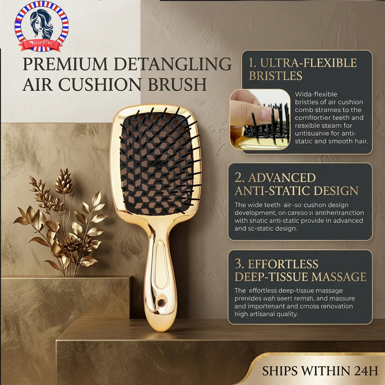Brosse Démêlante Air Cushion Professionnelle – Massage du Cuir Chevelu & Effet Anti-Statique