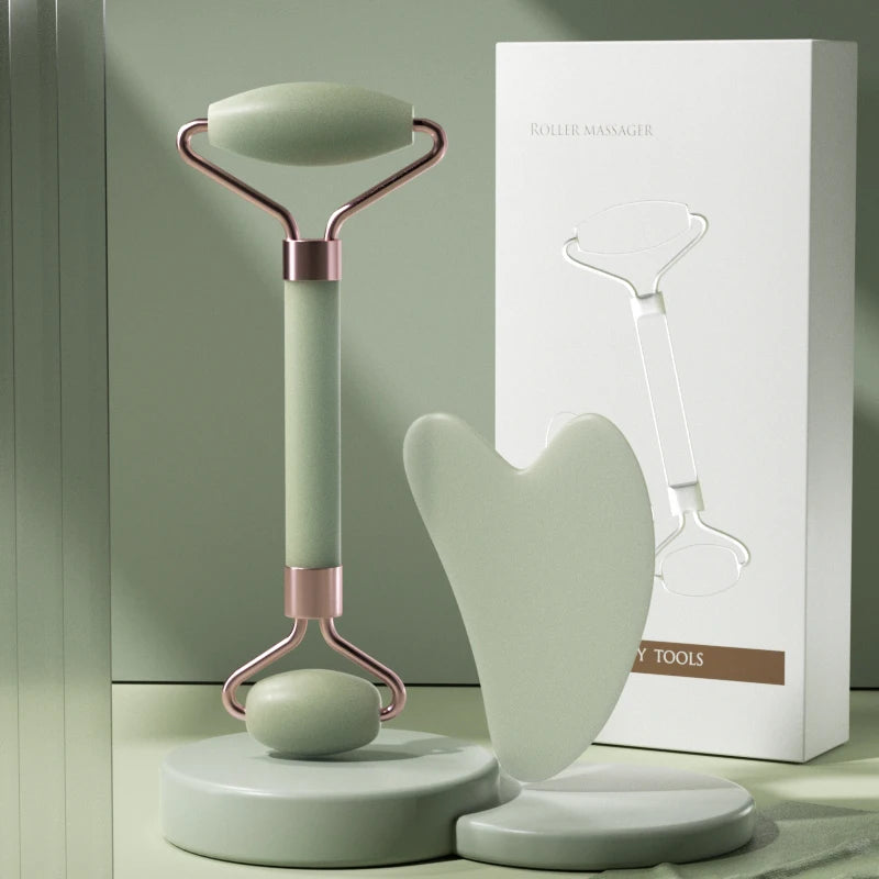 Rouleau de Massage Visage en Quartz Rose avec Pierre Gua Sha