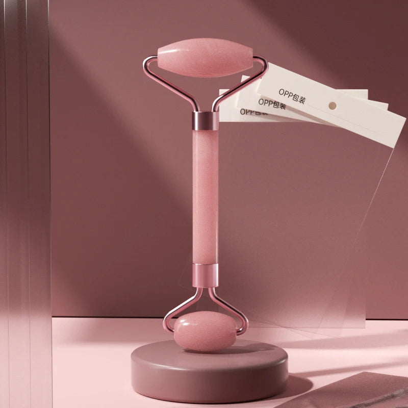 Rouleau de Massage Visage en Quartz Rose avec Pierre Gua Sha