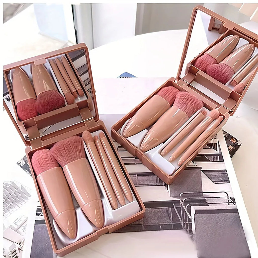 ✨ Coffret Premium de Pinceaux de Maquillage de Voyage – Kit Pliable 5 Pièces avec Miroir Intégré