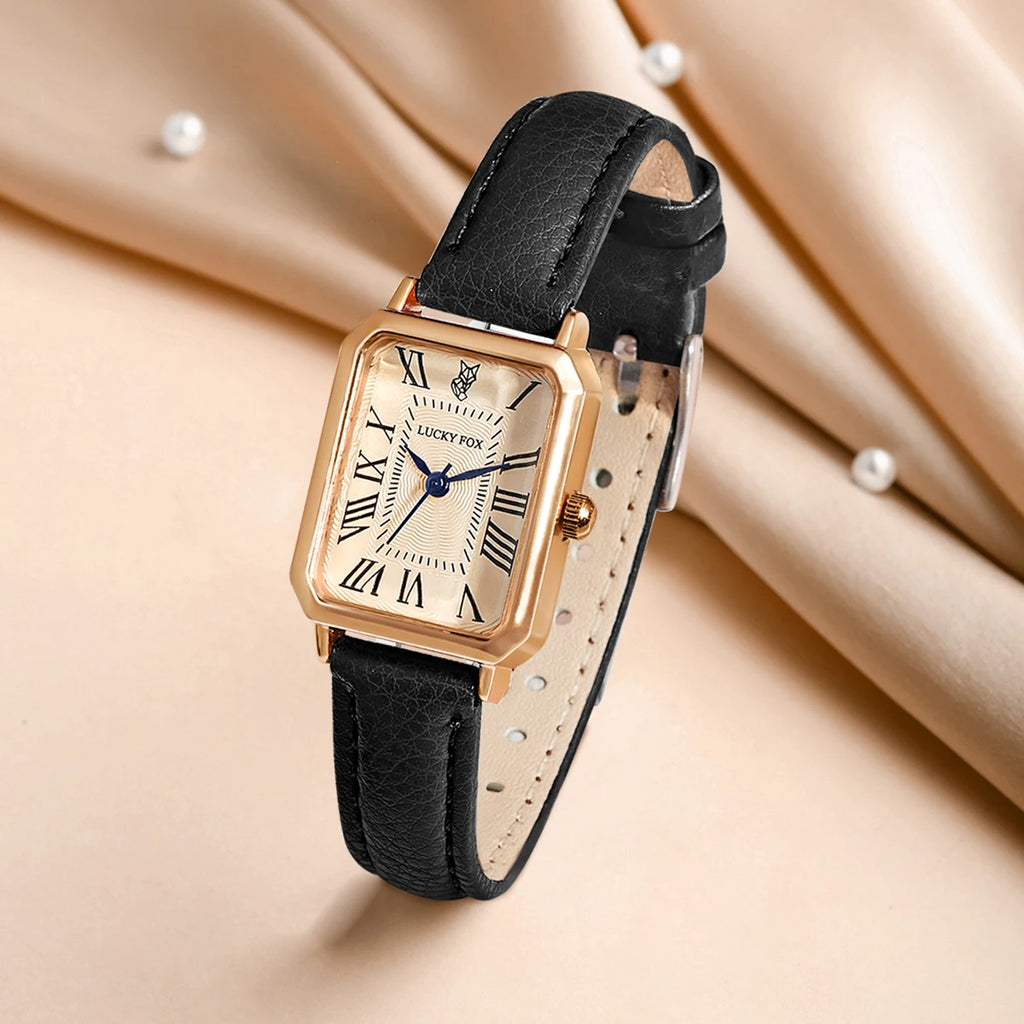 Montre Femme Élégance Absolue – Cadran Doré & Bracelet Cuir Noir