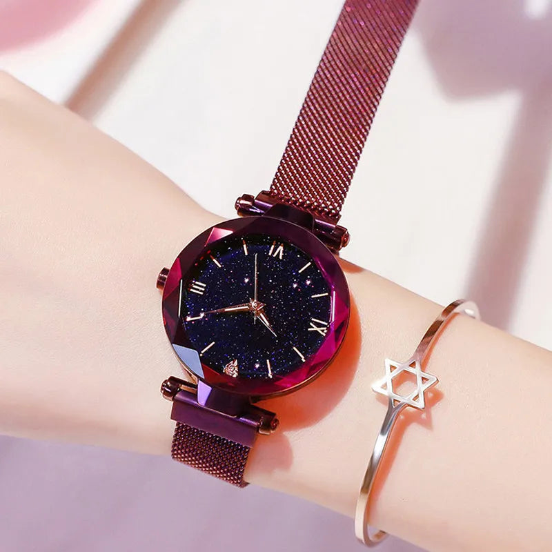 Montre Femme Ciel Étoilé – Bracelet Maille Magnétique & Mouvement Quartz