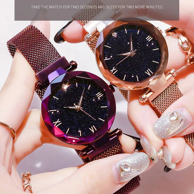 Montre Femme Ciel Étoilé – Bracelet Maille Magnétique & Mouvement Quartz