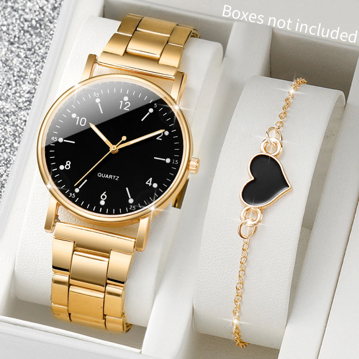 Coffret Montre Femme & Bracelet Cœur – Édition Dorée