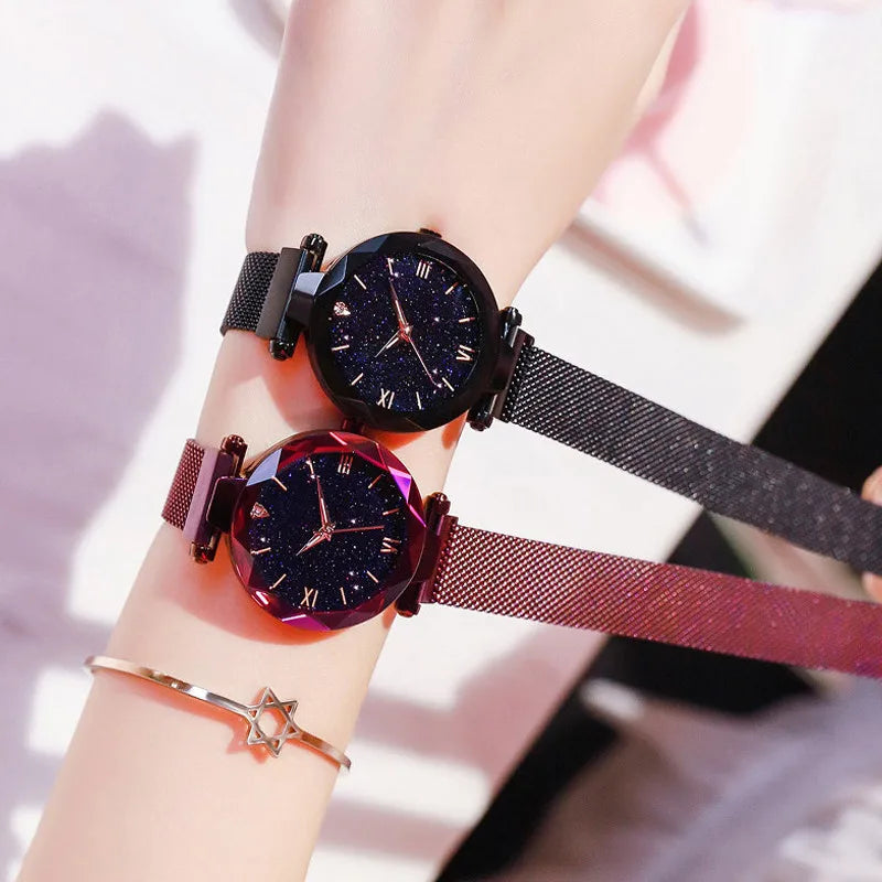 Montre Femme Ciel Étoilé – Bracelet Maille Magnétique & Mouvement Quartz