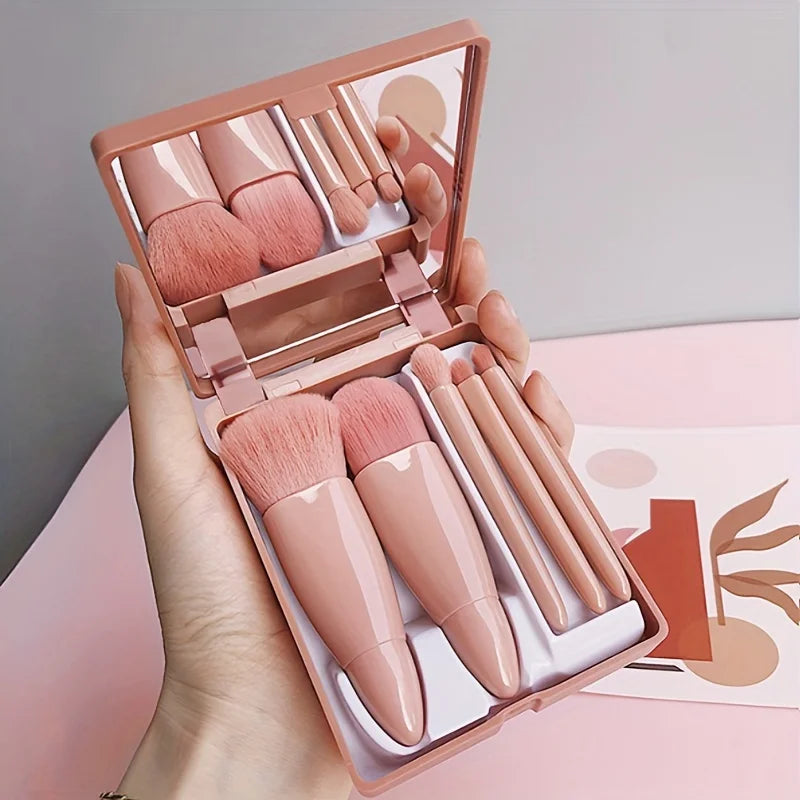 ✨ Coffret Premium de Pinceaux de Maquillage de Voyage – Kit Pliable 5 Pièces avec Miroir Intégré