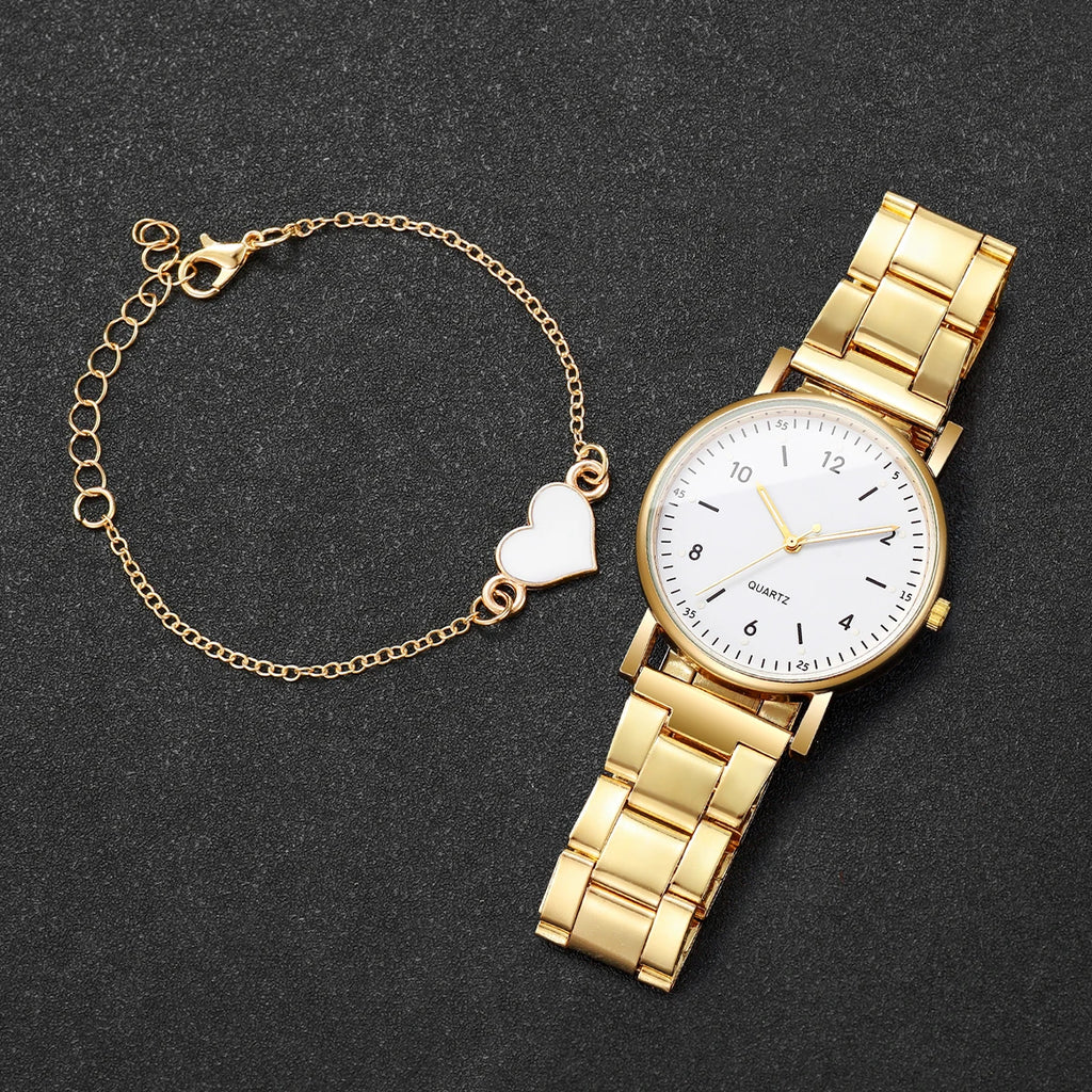 Coffret Montre Femme & Bracelet Cœur – Édition Dorée