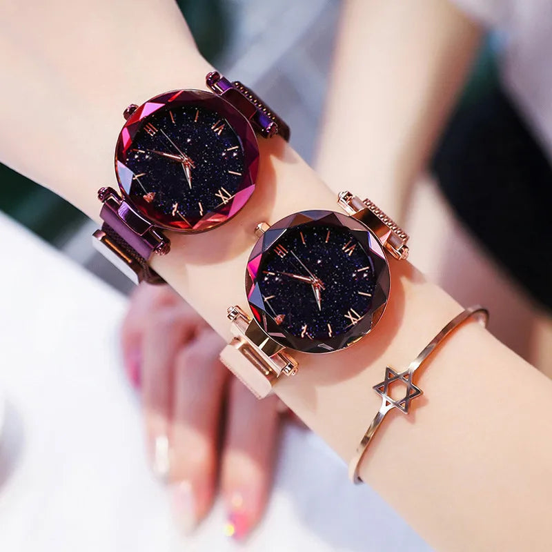 Montre Femme Ciel Étoilé – Bracelet Maille Magnétique & Mouvement Quartz