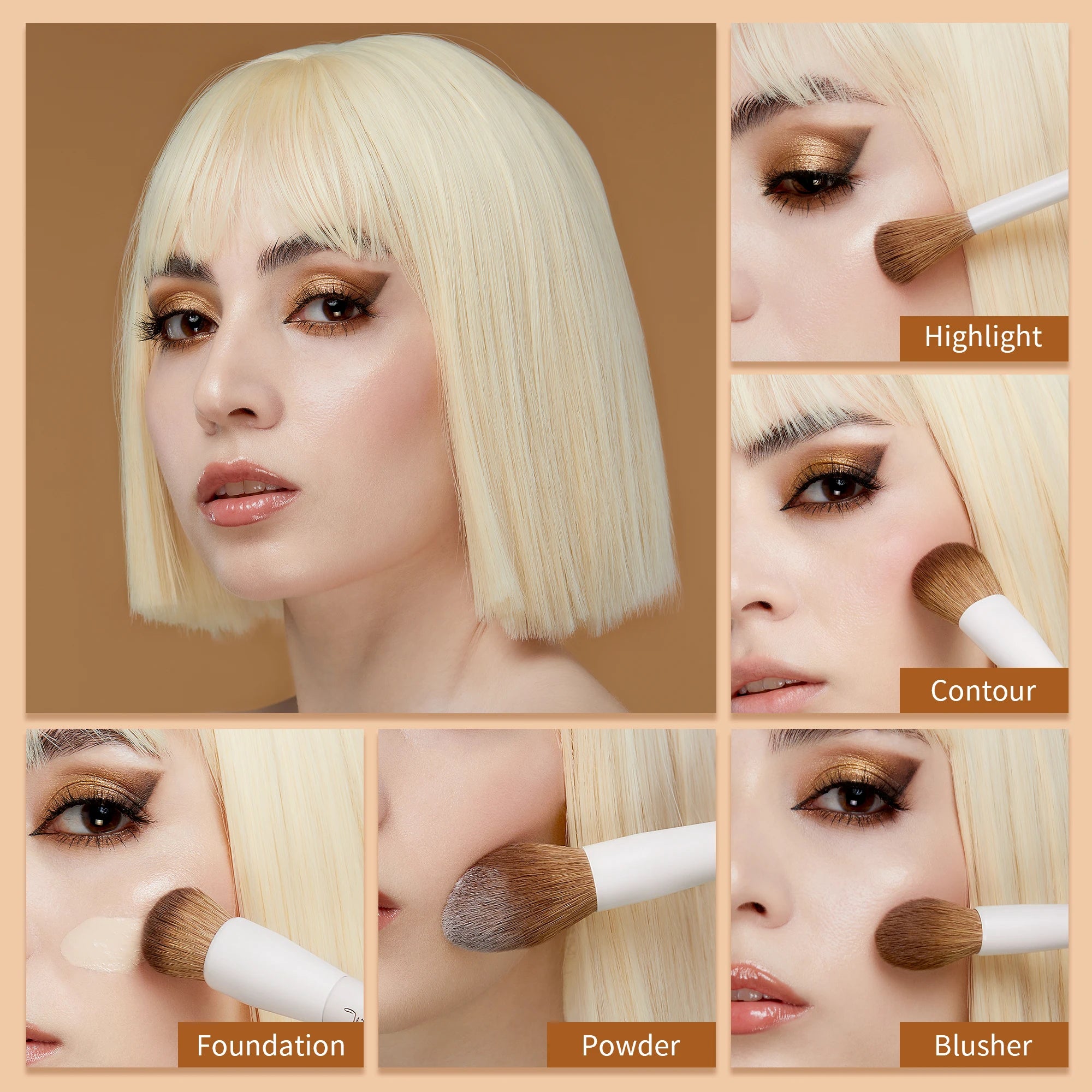 Coffret de 14 Pinceaux de Maquillage Professionnels – Fond de Teint, Poudre, Contouring, Fards & Highlighter